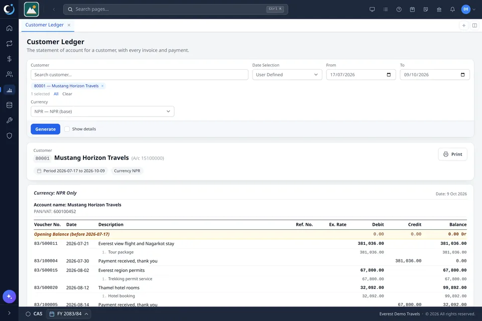 CAS360 customer ledger screen
