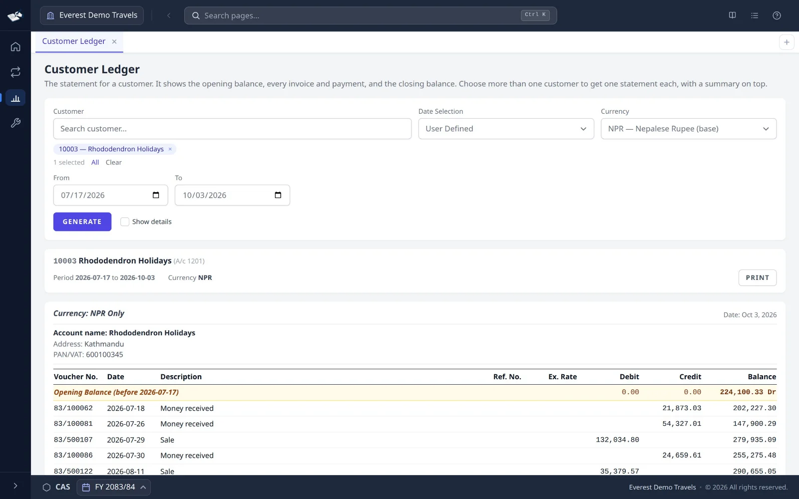 CAS360 customer ledger screen
